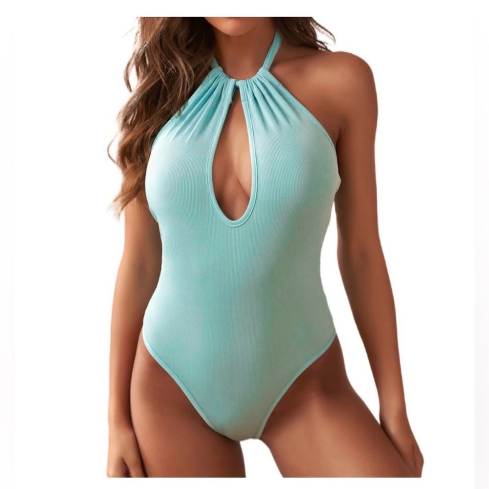 New Sky Blue Keyhole Halter Ribbed Bodysuit*